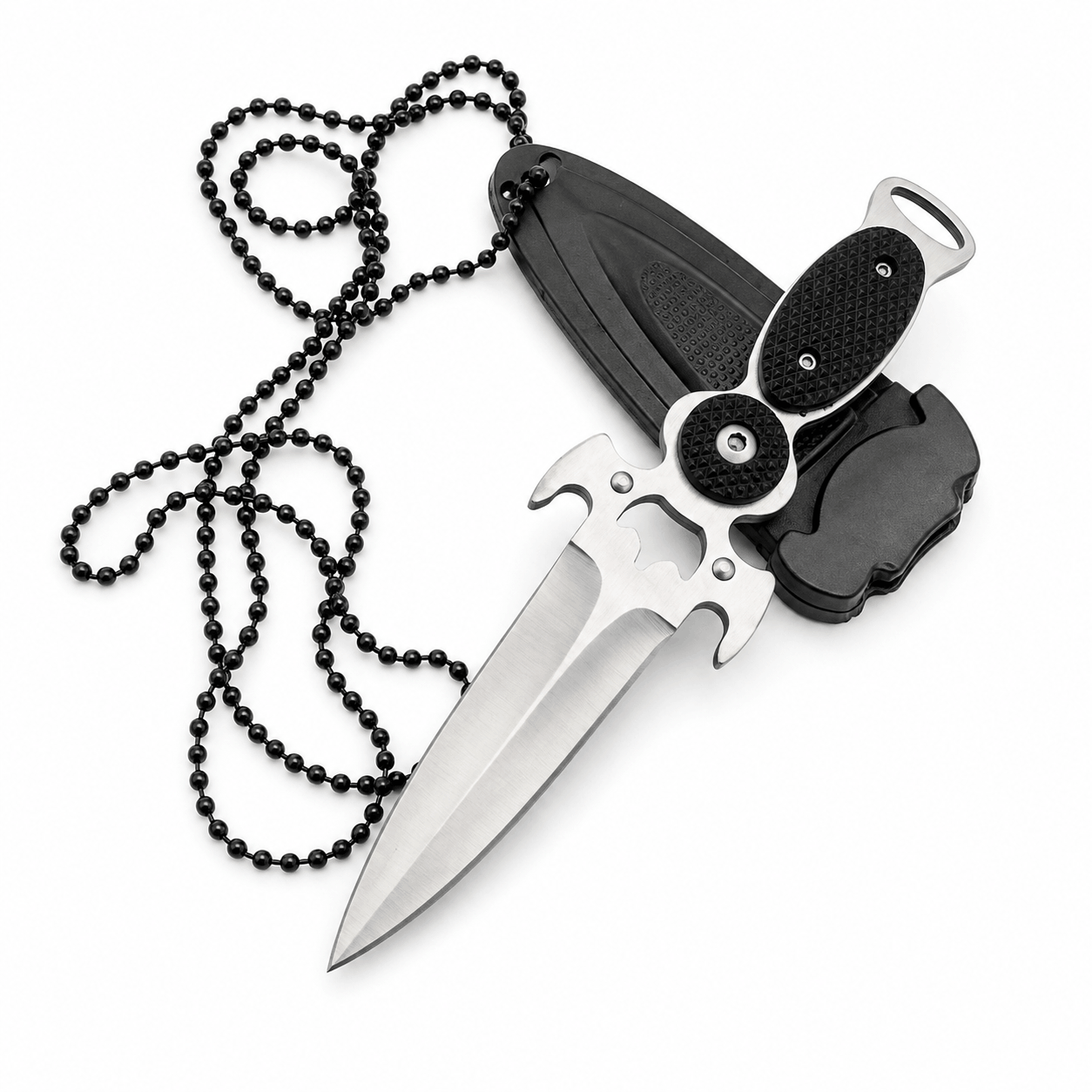 Компактен нож Black AirSoft DAGGER с калъф и верижка