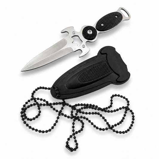 Компактен нож Black AirSoft DAGGER с калъф и верижка